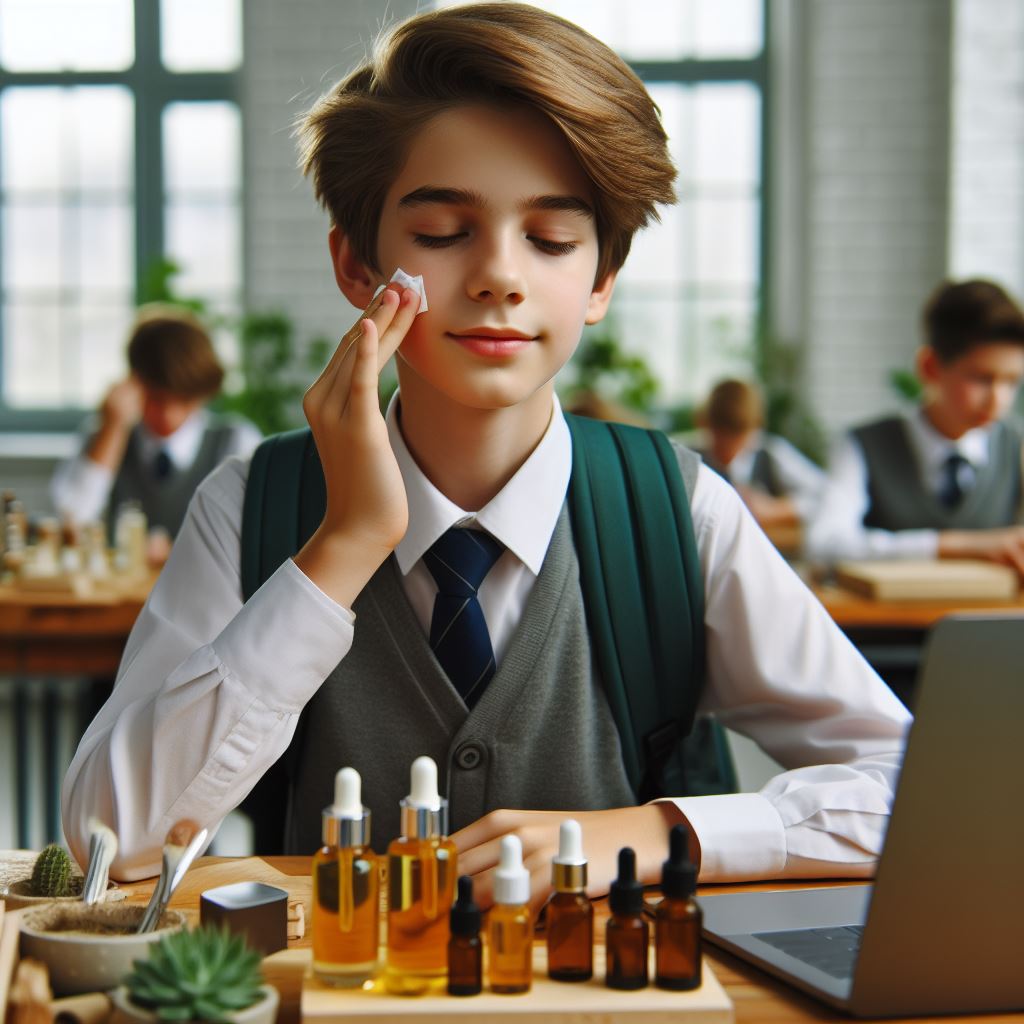 청소년기 남학생이 얼굴에 에센셜 오일