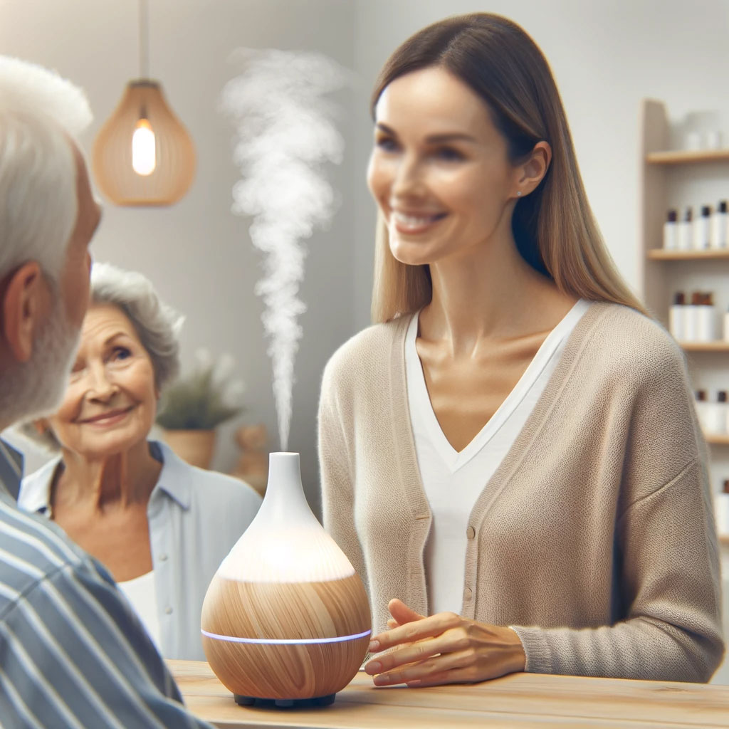 세일즈맨 고객 에센셜 오일 디퓨저 긍정적인 분위기