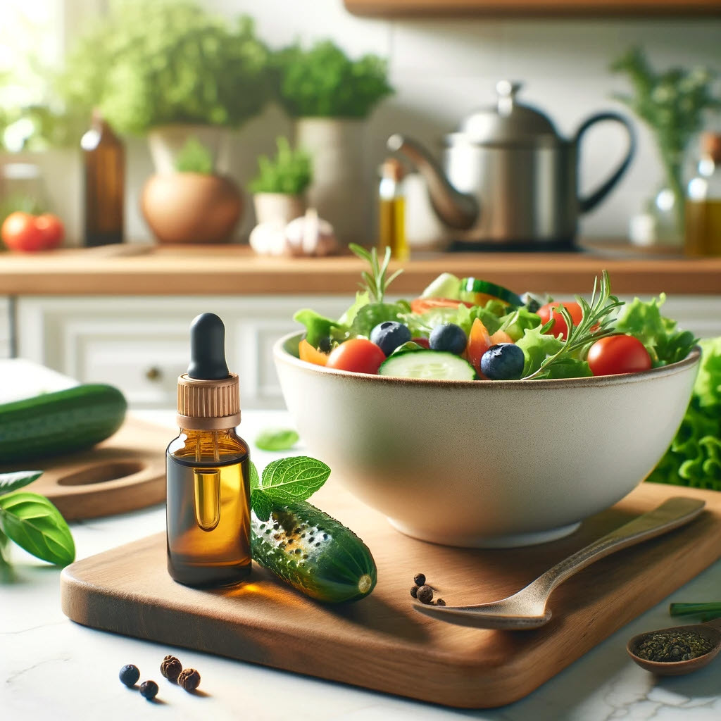 주방 에센셜오일 병 신선한 샐러드